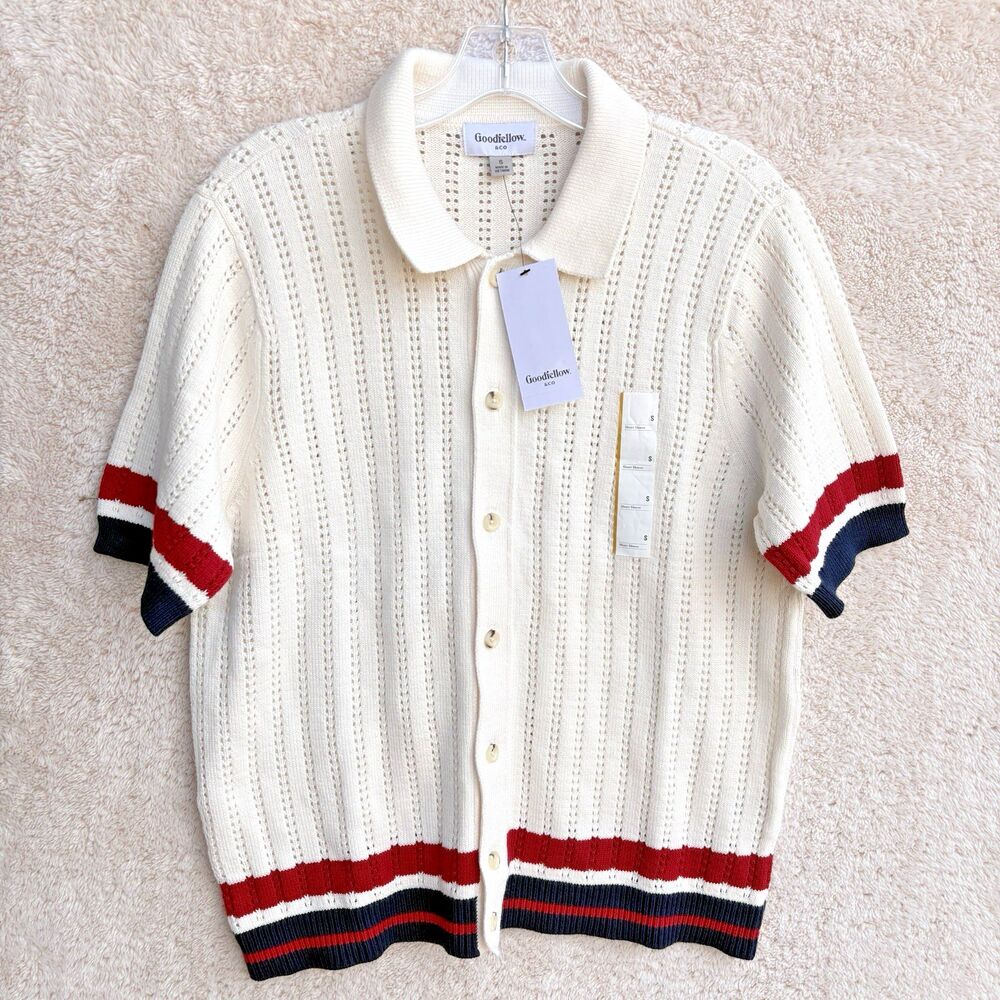 Goodfellow Mens S Short Sleeve Knit Sweater Polo Shirt Full Button Preppy Tennis